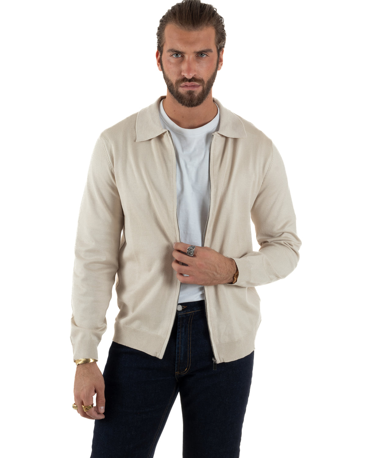 Polo uomo maglia rasata cardigan colletto full zip beige GIOSAL-M3219A