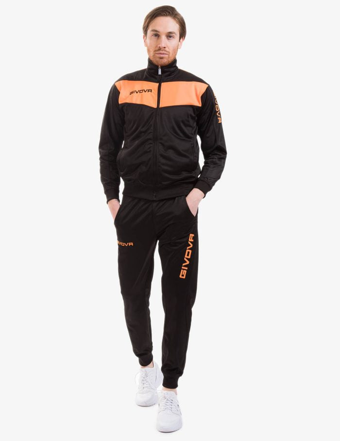 Tuta GIVOVA VISA NERO ARANCIO FLUO Triacetato Set Unisex Sportivo Da Ginnastica Felpa Con Zip Pantaloni Tracksuit GIOSAL