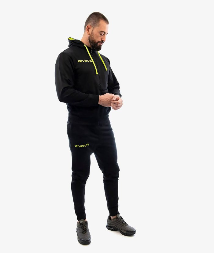 Tuta GIVOVA KING 4 SEASON NERO GIALLO FLUO Set Unisex Sportivo Felpa Con Zip Con Capuccio Pantaloni Da Ginnastica Tracksuit GIOSAL