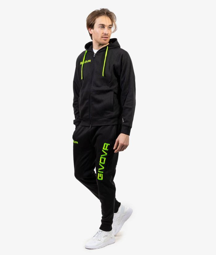 Tuta GIVOVA KING NERO VERDE FLUO Felpa Set Unisex Sportivo Bicolore Felpa Con Zip Con Capuccio Pantaloni Da Ginnastica Tracksuit GIOSAL