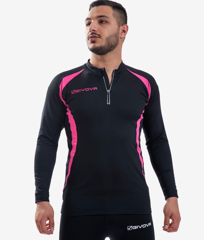 RUNNING LONG T-SHIRT GIVOVA NERO FUXIA Tessuto Tecnico Unisex Maglia  Sportiva Maniche Lunghe T-Shirt Bicolore Con Zip Da Ginnastica GIOSAL