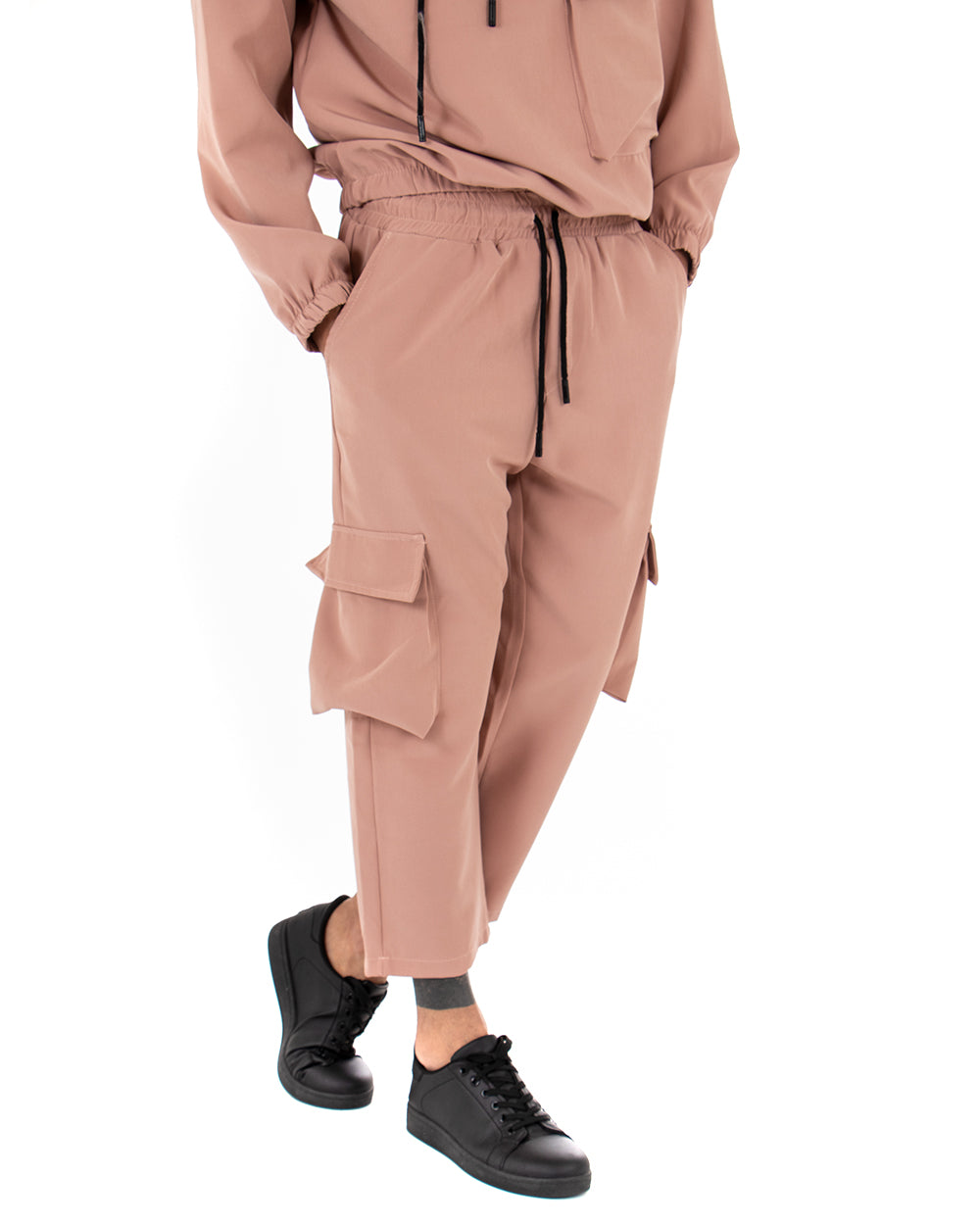 Complete Men's Tracksuit Pink Viscose Relaxed Fit Hooded Sweatshirt Cargo Pants GIOSAL-OU1843A