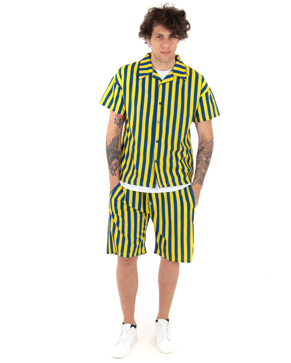 Completo Set Coordinato Uomo Viscosa Camicia Con Colletto Bermuda Outfit Rigato Gessato GIOSAL-OU2040A