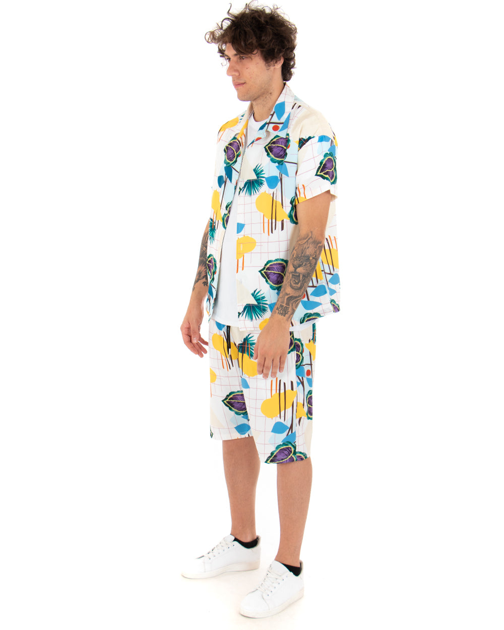 Completo Set Coordinato Bianco Uomo Viscosa Camicia Con Colletto Bermuda Outfit Floreale GIOSAL-OU2042A