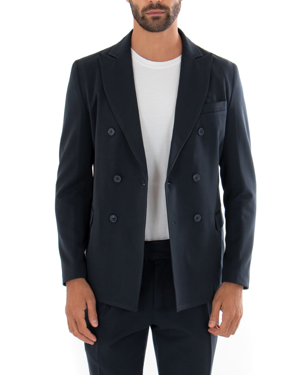 Double-Breasted Men's Suit Blue Viscose Tailored Jacket Trousers Elegant Casual GIOSAL-OU2084A