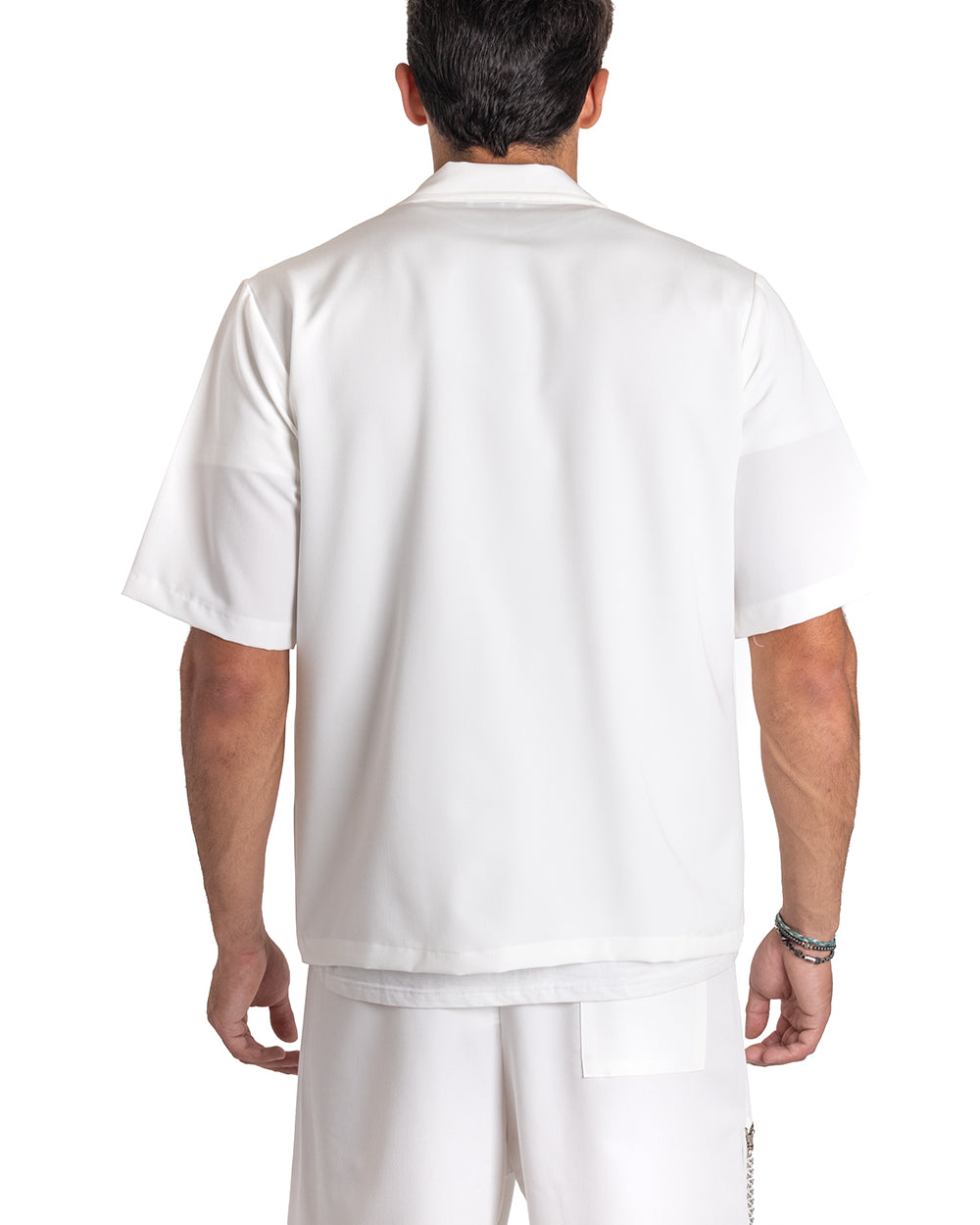 Completo Set Coordinato Uomo Viscosa Camicia Giacca Con Colletto Bermuda Outfit Bianco GIOSAL-OU2130A
