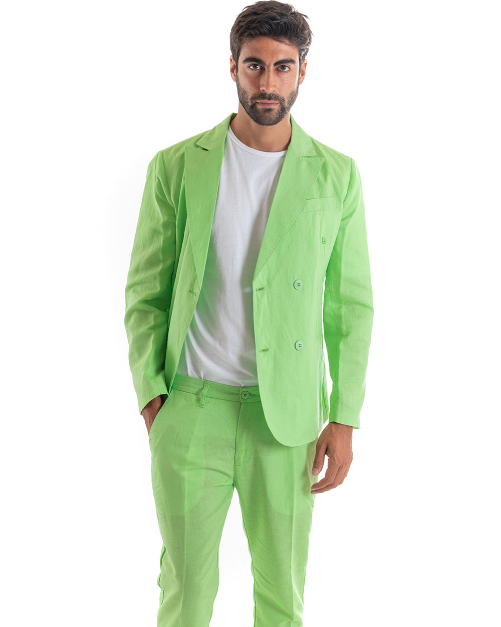 Men's Suit Double Breasted Linen Suit Suit Jacket Trousers Pea Green Elegant Ceremony GIOSAL-OU2133A
