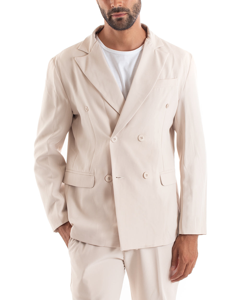 Double-Breasted Men's Suit Viscose Suit Beige Jacket Trousers Elegant Sporty Ceremony GIOSAL-OU2159A