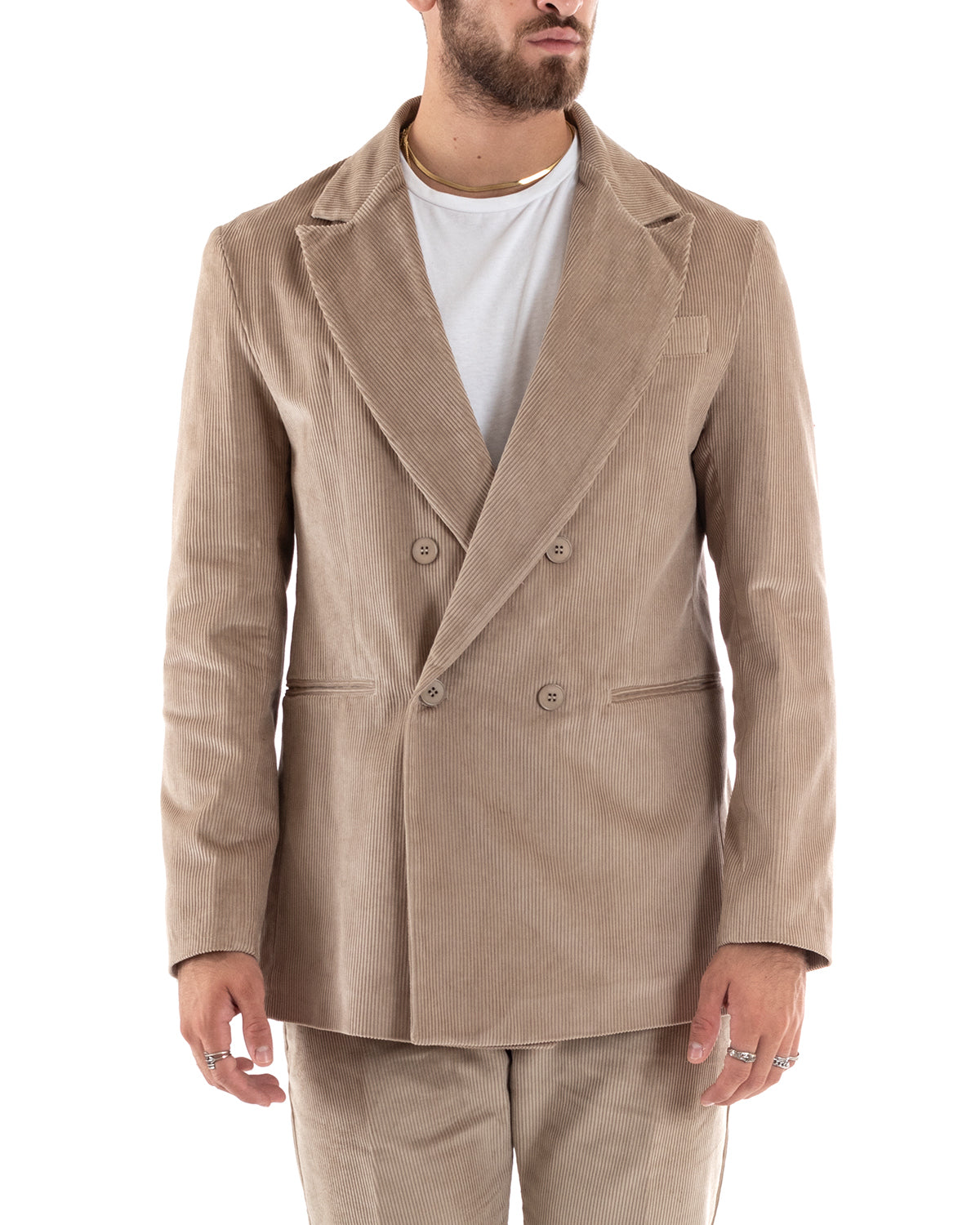 Double-Breasted Men's Suit Velvet Suit Jacket Trousers Beige Elegant Ceremony GIOSAL-OU2191A