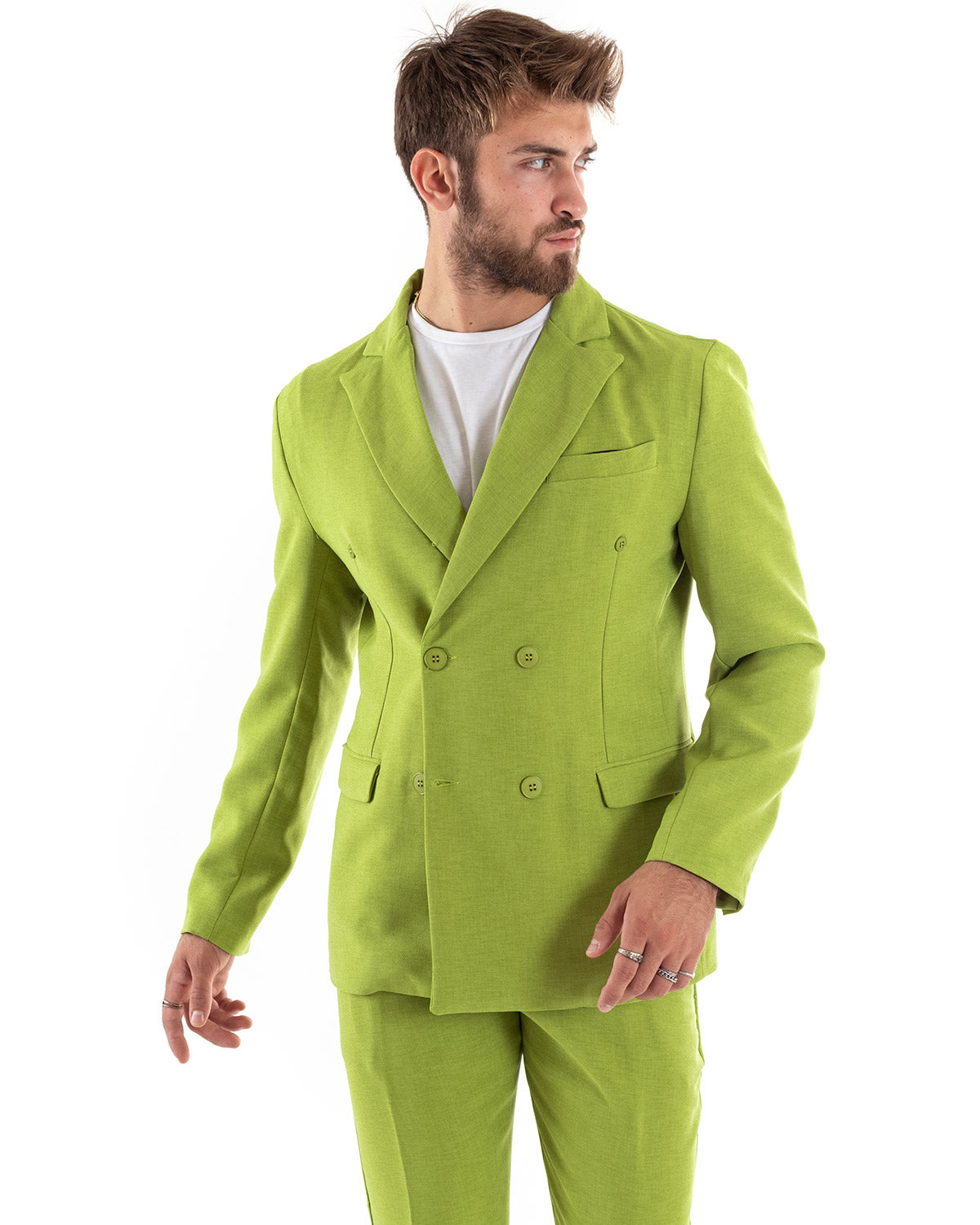 Abito Uomo Doppiopetto Vestito Viscosa Completo Giacca Pantaloni Verde Acido Melangiato Elegante Cerimonia GIOSAL-OU2198A