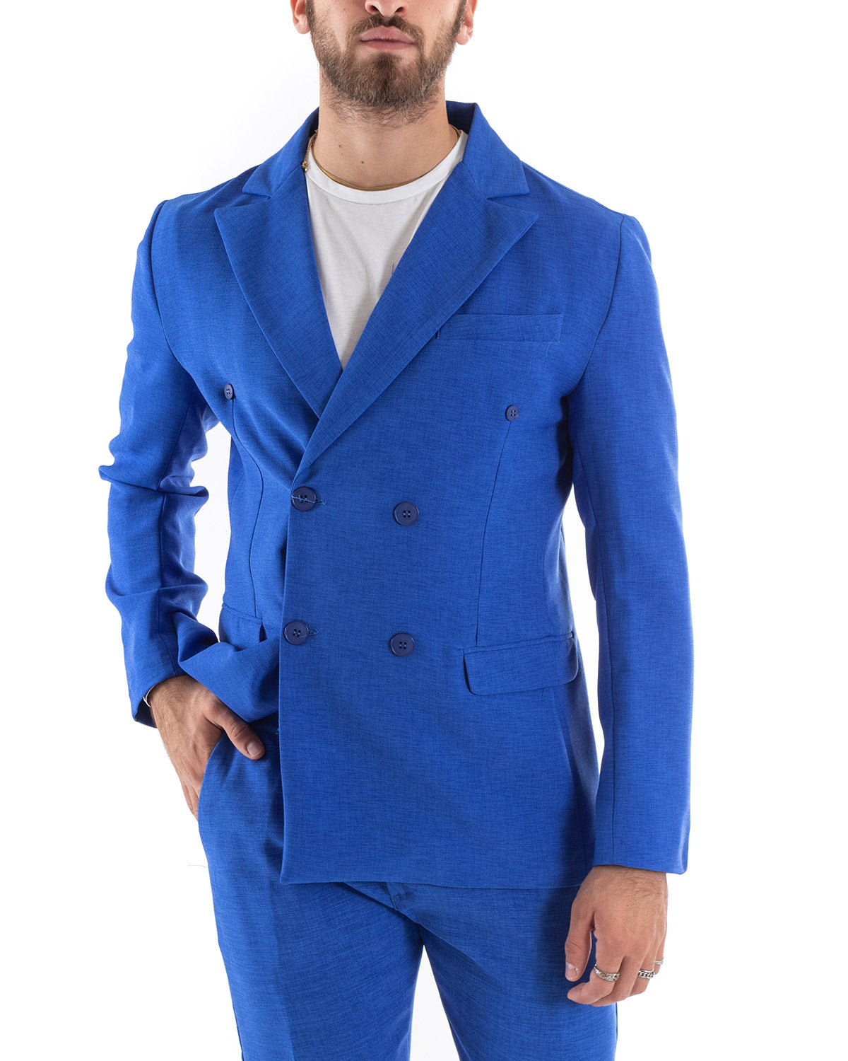 Abito Uomo Doppiopetto Vestito Viscosa Completo Giacca Pantaloni Blu Royal Melangiato Elegante Cerimonia GIOSAL-OU2203A
