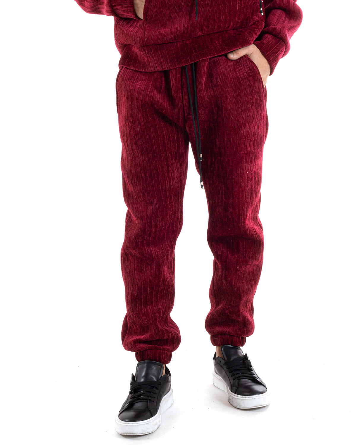 Men's Basic Tracksuit Set Bordeaux Scuba Ribbed Hooded Sweatshirt Trousers GIOSAL-OU2220A
