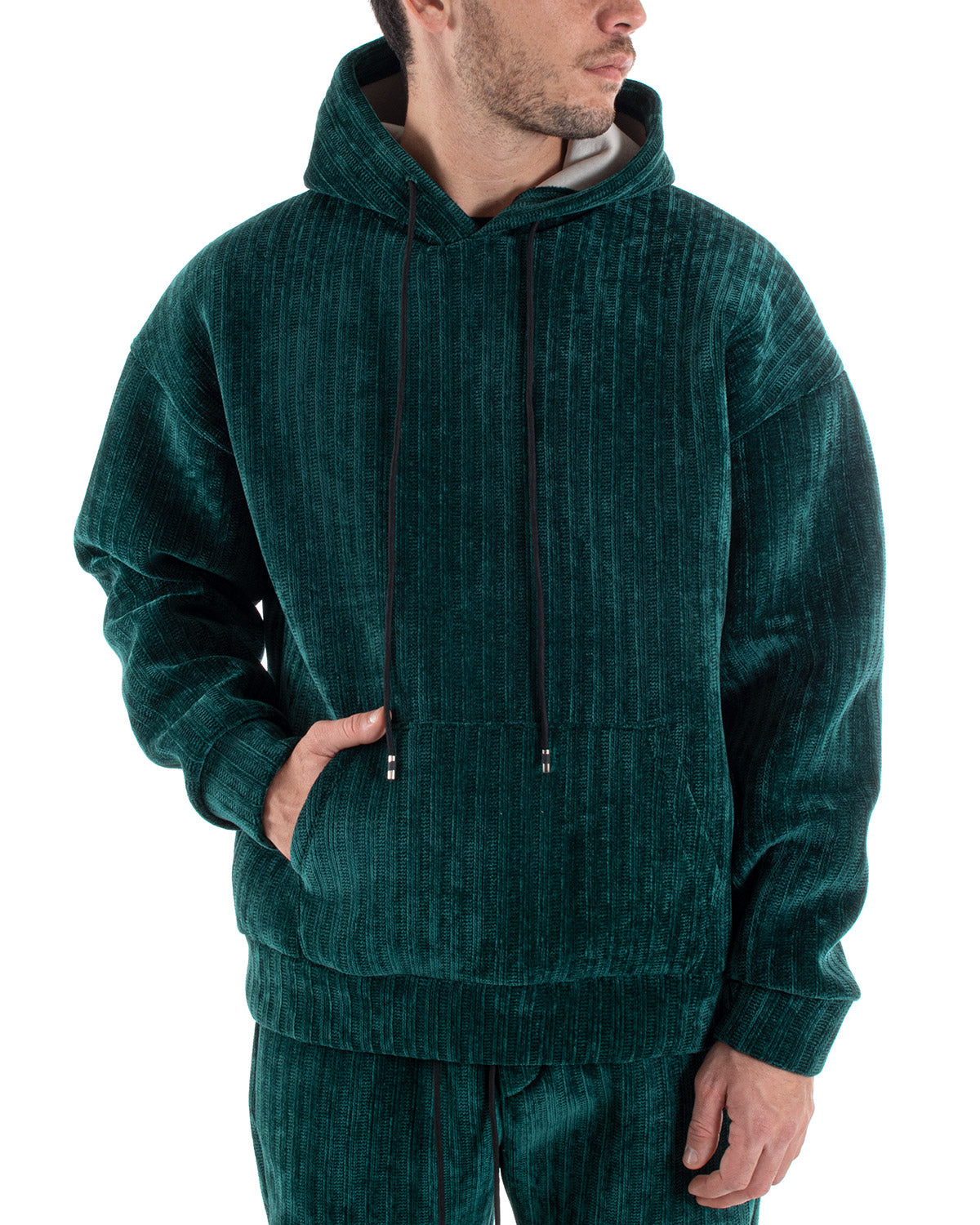 Men's Basic Tracksuit Set Green Scuba Ribbed Hooded Sweatshirt Trousers GIOSAL-OU2222A