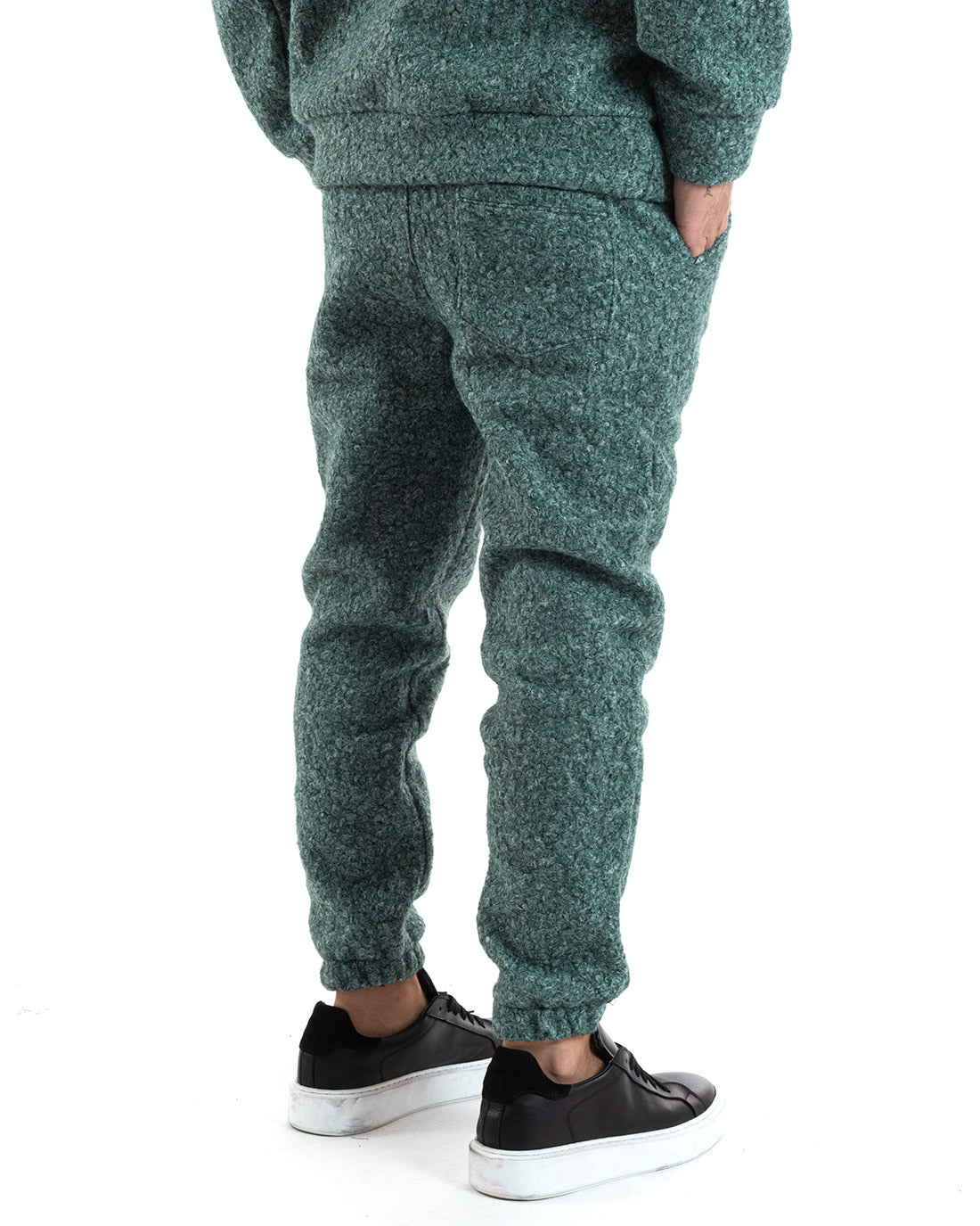 Completo Tuta Uomo Verde Relaxed Fit Teddy Pelliccia Felpa Con Cappucc