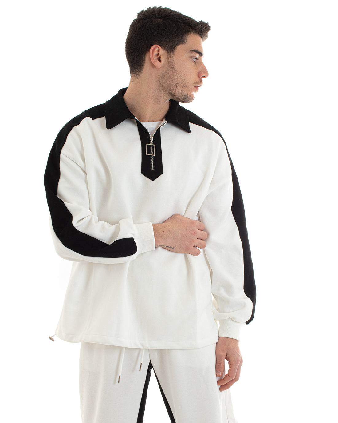 Complete Men's Tracksuit White Cotton Oversize Relaxed Fit Sweatshirt With Collar Trousers GIOSAL-OU2234A