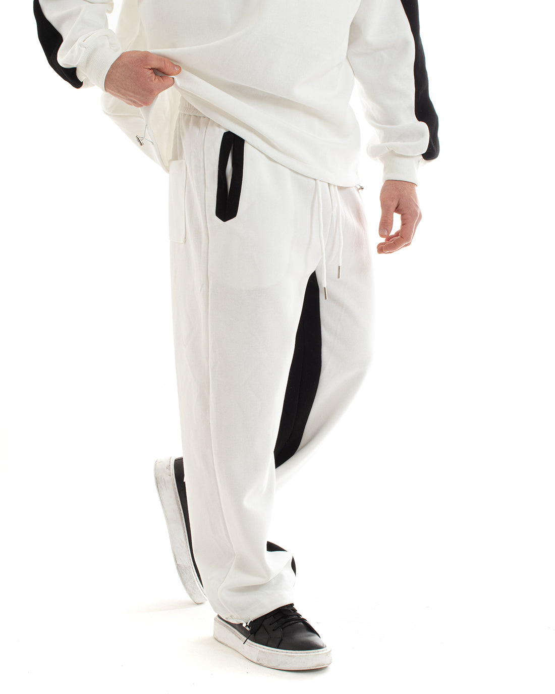 Completo Tuta Uomo Cotone Bianco Oversize Relaxed Fit Felpa Con Colletto Pantaloni GIOSAL-OU2234A