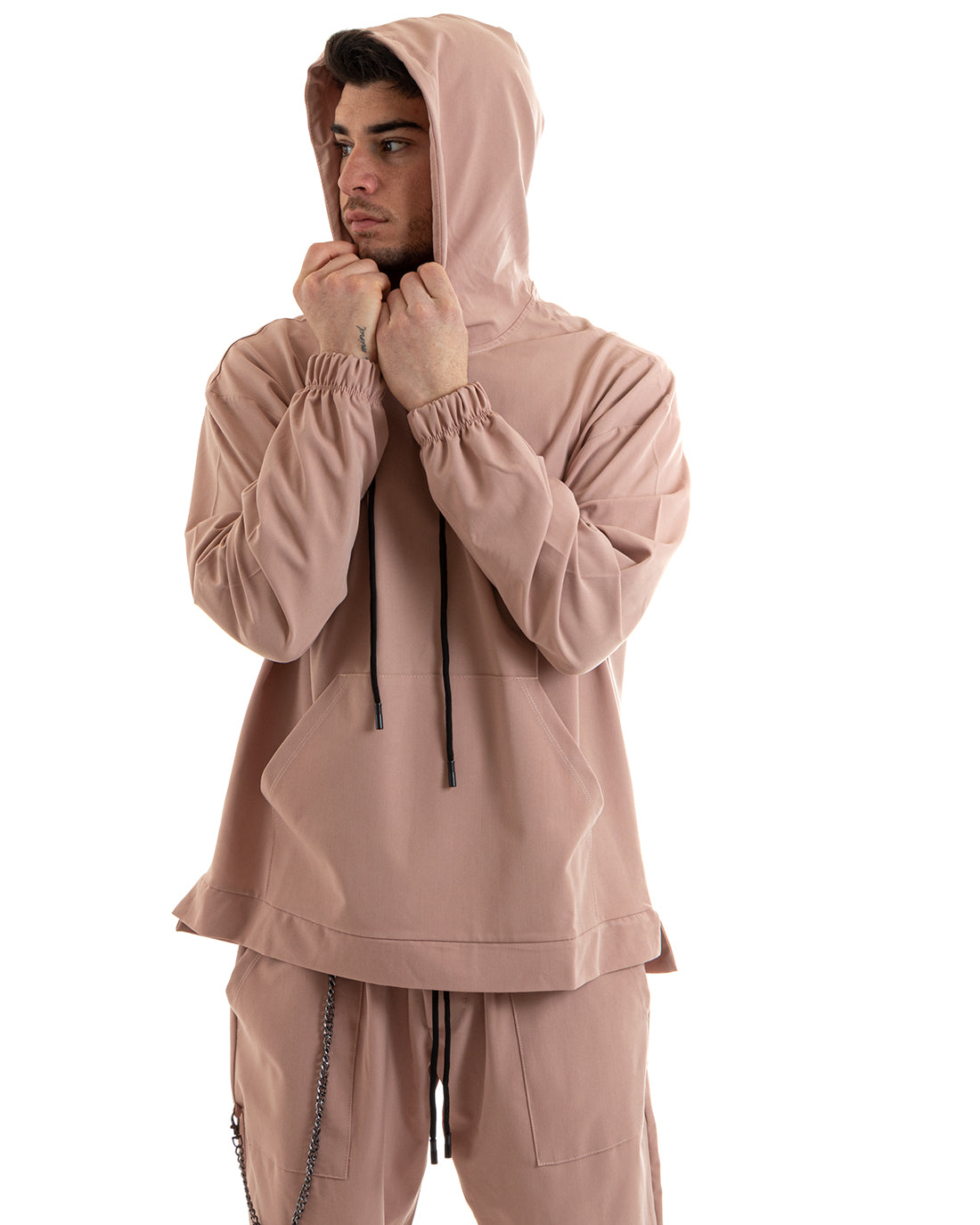 Complete Men's Tracksuit Pink Viscose Relaxed Fit Hooded Sweatshirt Trousers GIOSAL-OU2246A