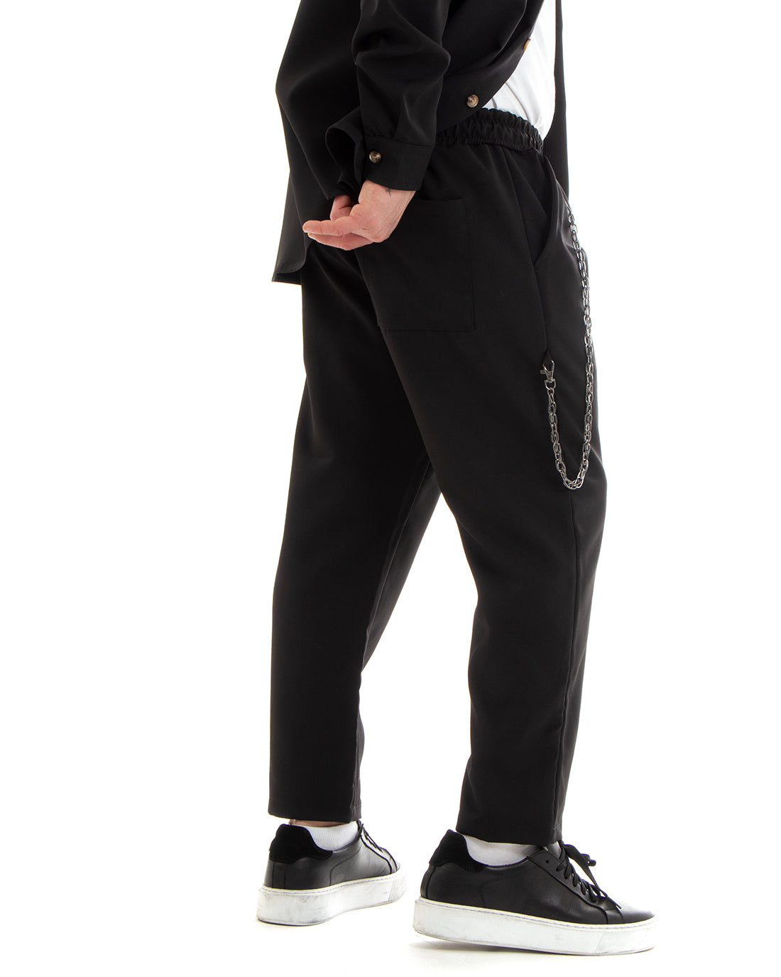 Completo Set Coordinato Uomo Viscosa Camicia Con Colletto Pantaloni Outfit Nero GIOSAL-OU2250A
