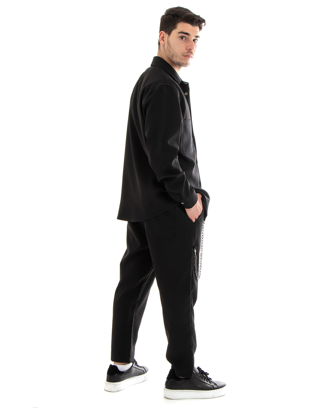Completo Set Coordinato Uomo Viscosa Camicia Con Colletto Pantaloni Outfit Nero GIOSAL-OU2250A