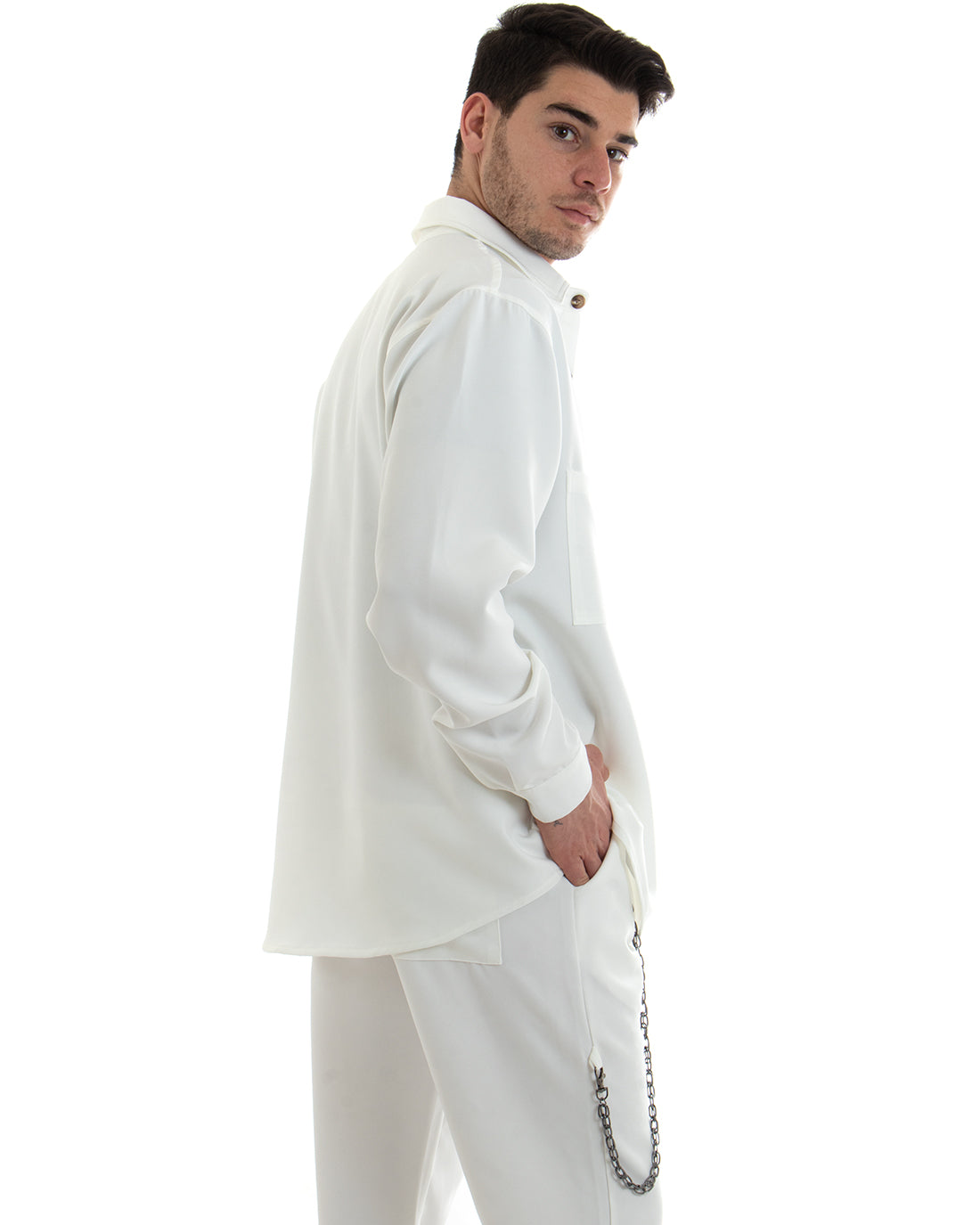 Complete Coordinated Set for Men Viscose Shirt With Collar Trousers Outfit White GIOSAL-OU2254A