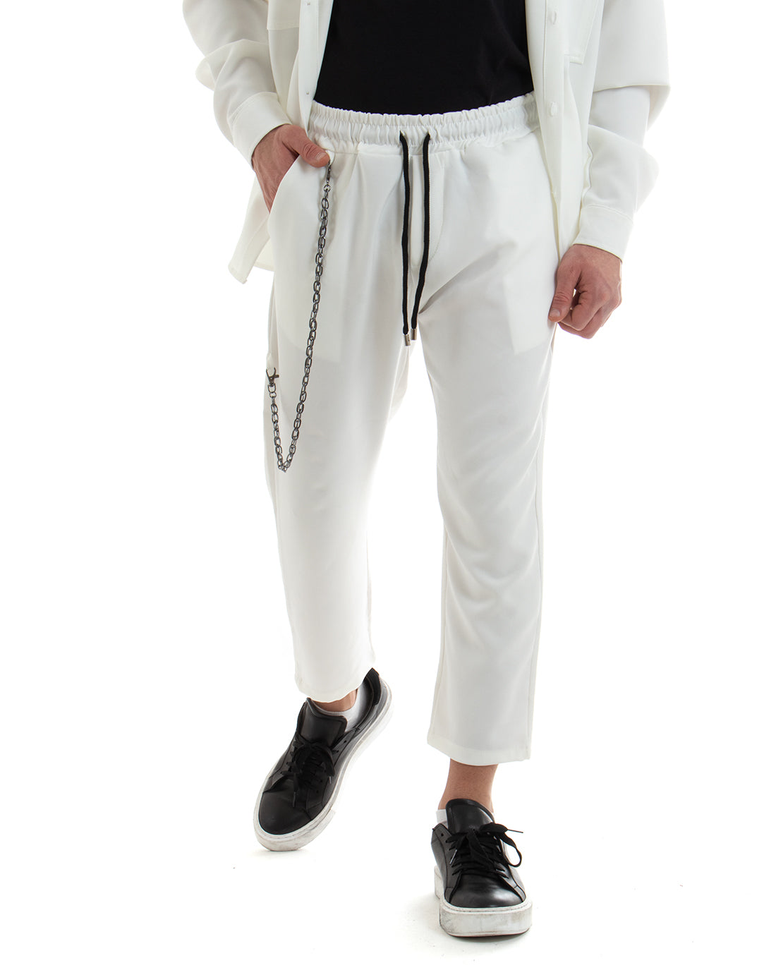 Completo Set Coordinato Uomo Viscosa Camicia Con Colletto Pantaloni Outfit Bianco GIOSAL-OU2254A