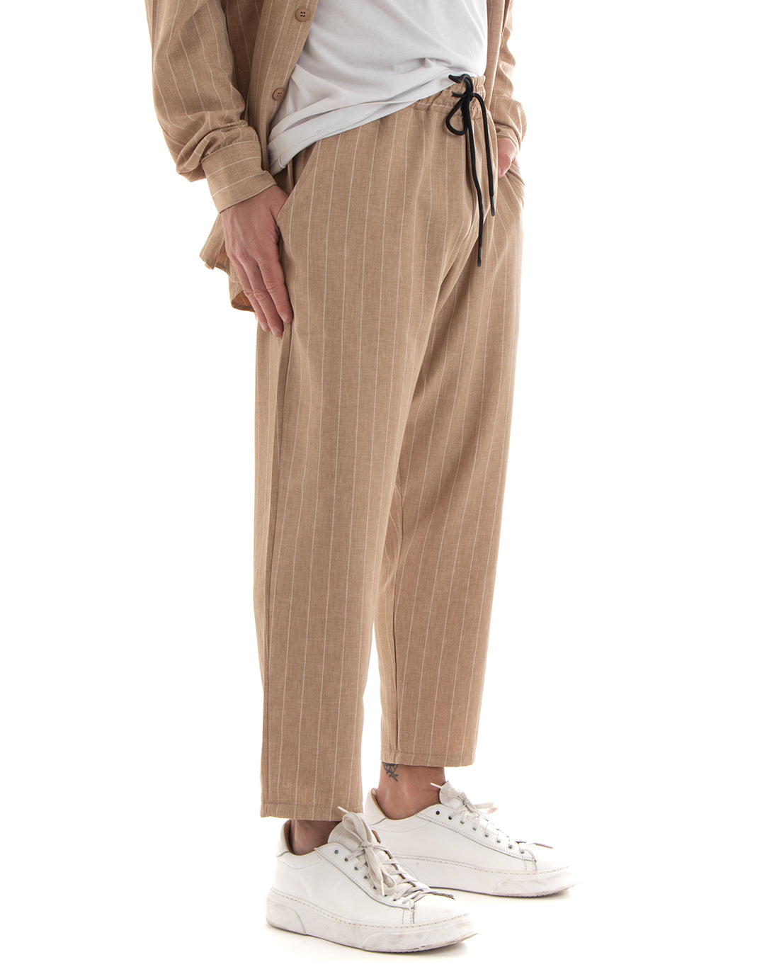 Completo Set Coordinato Uomo Viscosa Camicia Con Colletto Pantaloni Outfit Rigato Gessato Camel GIOSAL-OU2265A