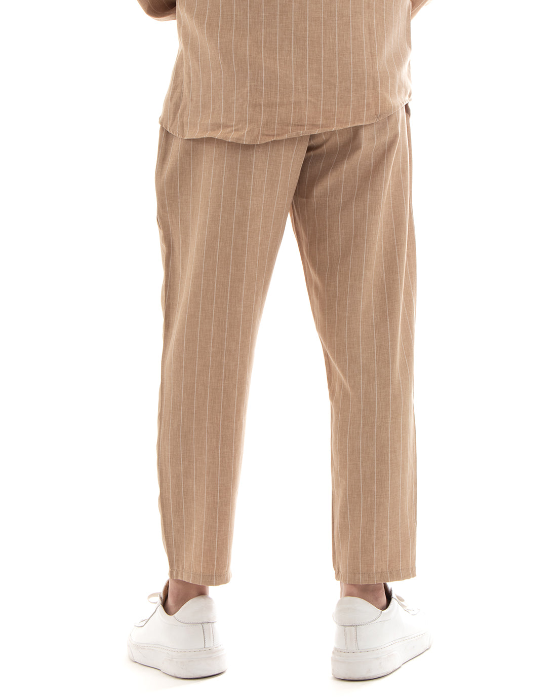 Completo Set Coordinato Uomo Viscosa Camicia Con Colletto Pantaloni Outfit Rigato Gessato Camel GIOSAL-OU2265A