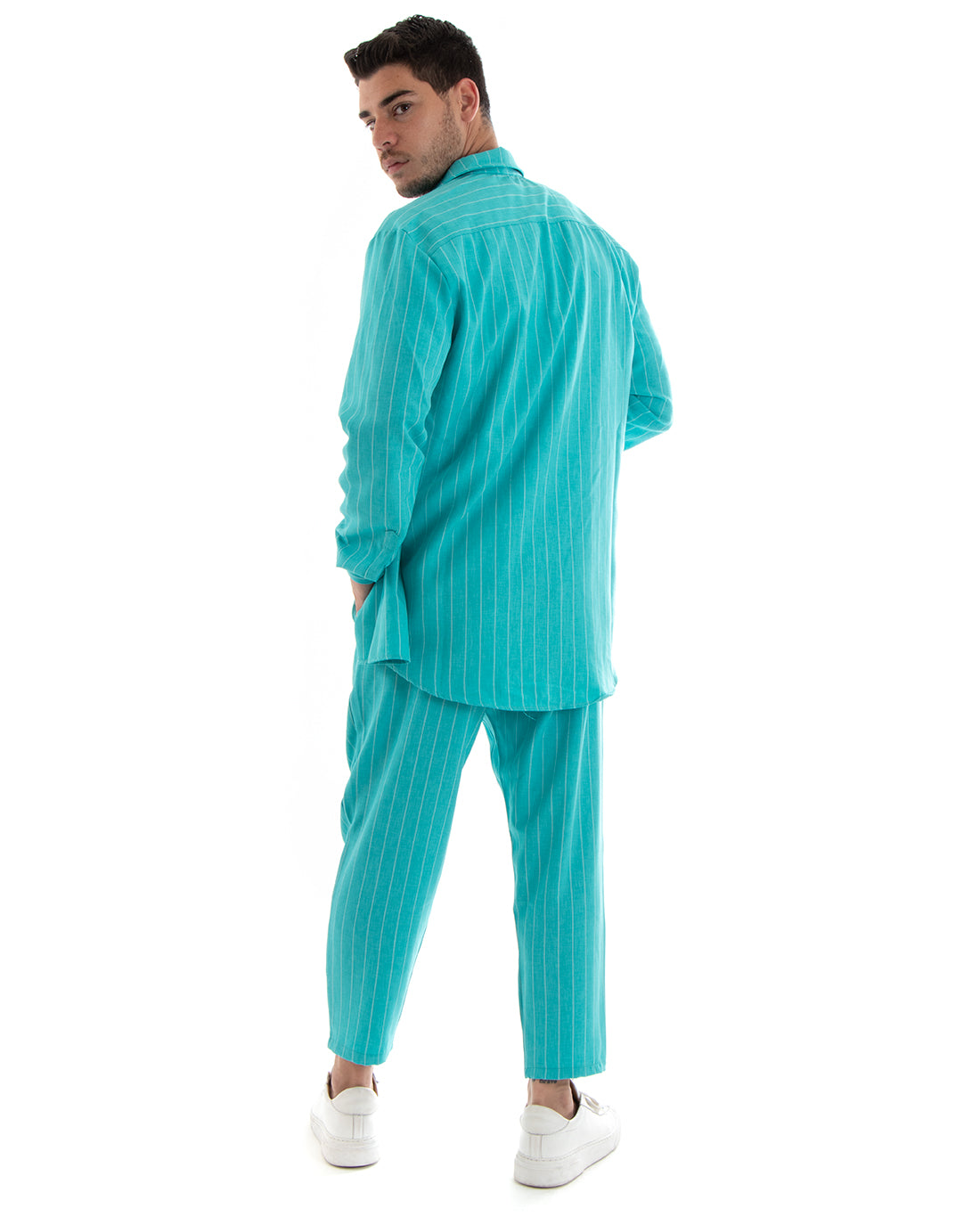 Complete Coordinated Set for Men Viscose Shirt With Collar Trousers Outfit Striped Pinstripe Light Blue GIOSAL-OU2266A