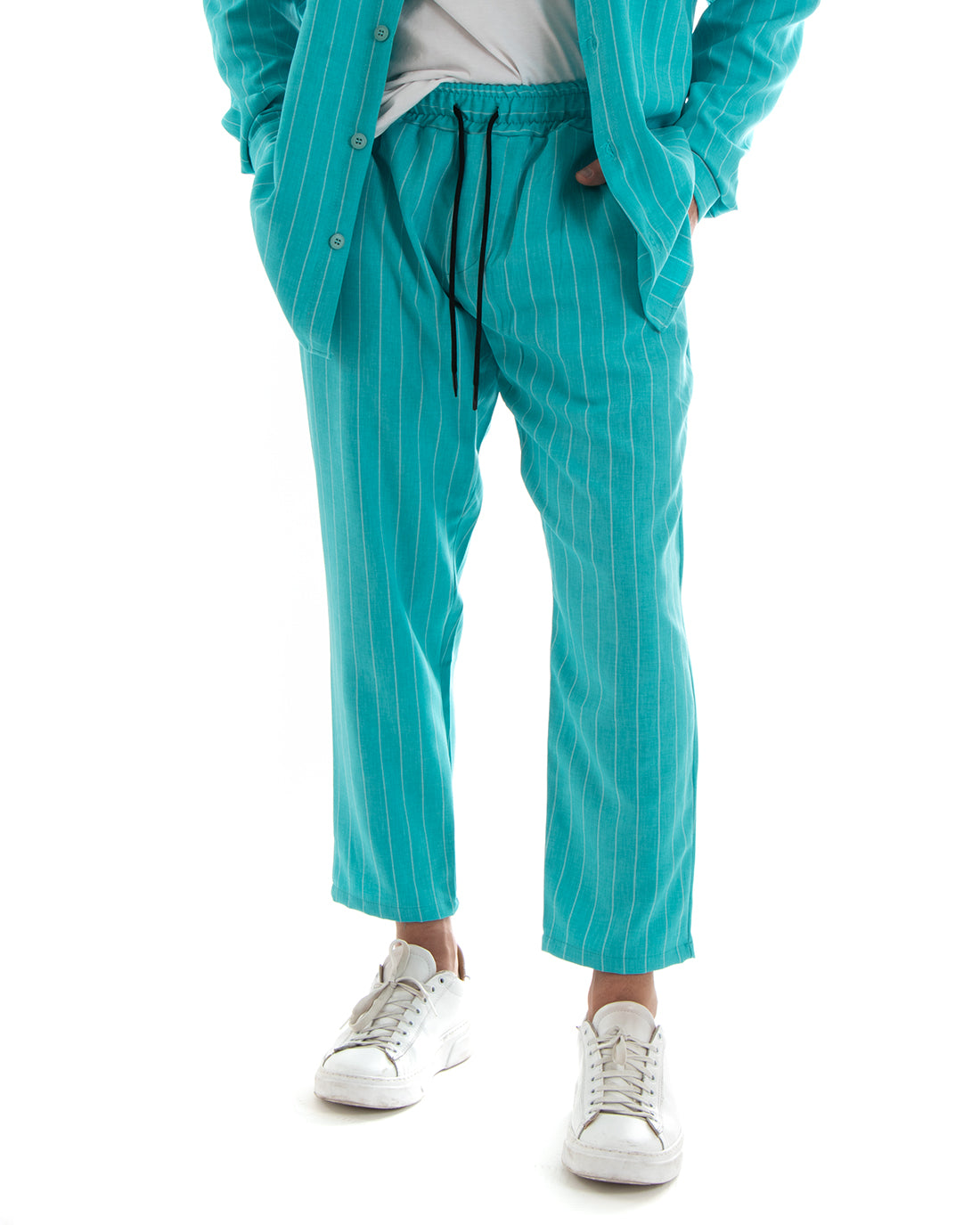 Completo Set Coordinato Uomo Viscosa Camicia Con Colletto Pantaloni Outfit Rigato Gessato Azzurro GIOSAL-OU2266A