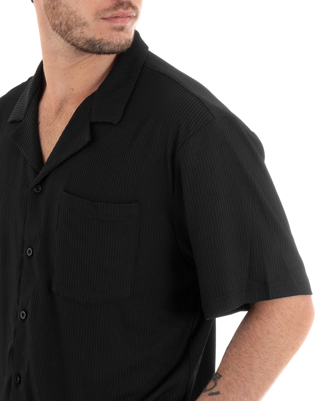Complete Coordinated Set for Men Viscose Pleated Shirt with Bermuda Collar Outfit Black GIOSAL-OU2283A