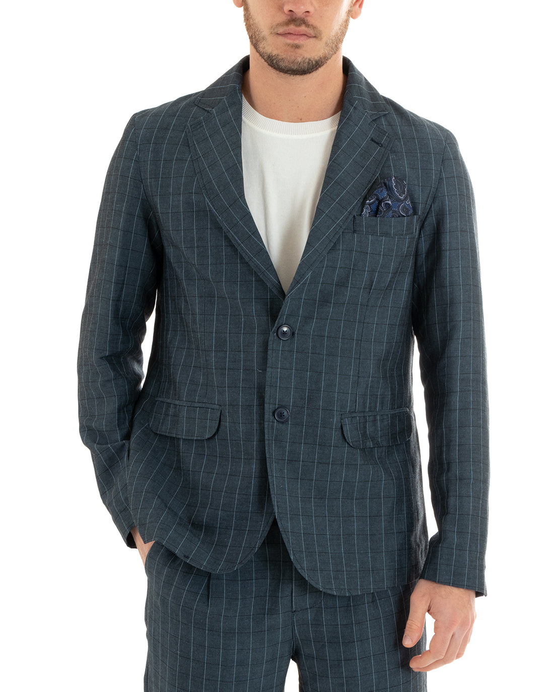 Single Breasted Men's Suit Blue Linen Check Tailored Jacket Trousers Elegant Casual GIOSAL-OU2289A