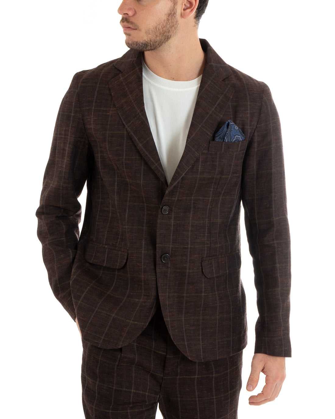 Single Breasted Men's Suit Brown Linen Check Tailored Jacket Trousers Elegant Casual GIOSAL-OU2291A