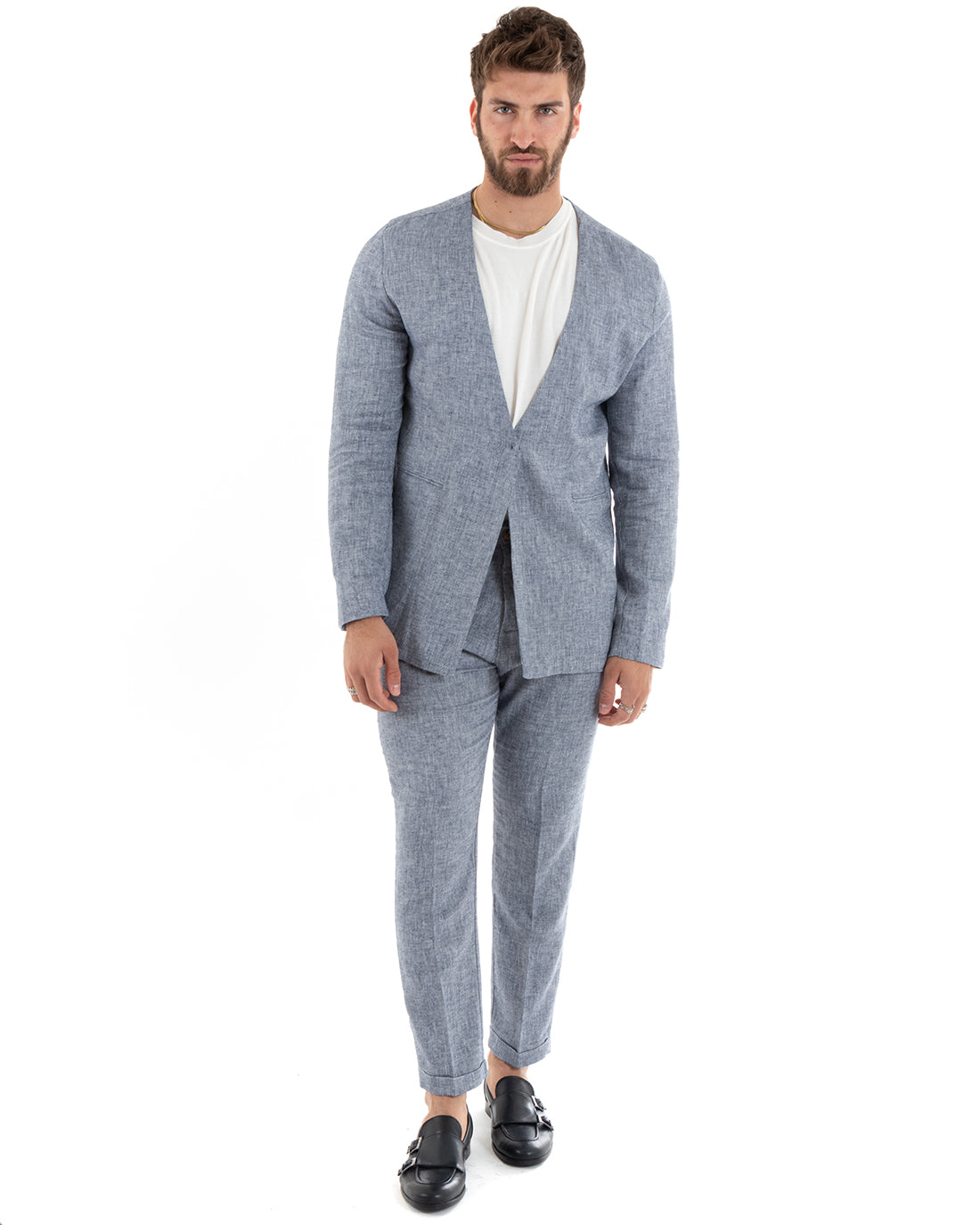 Single-breasted men's suit linen suit with jacket and trousers in beige sportswear GIOSAL-OU2308A