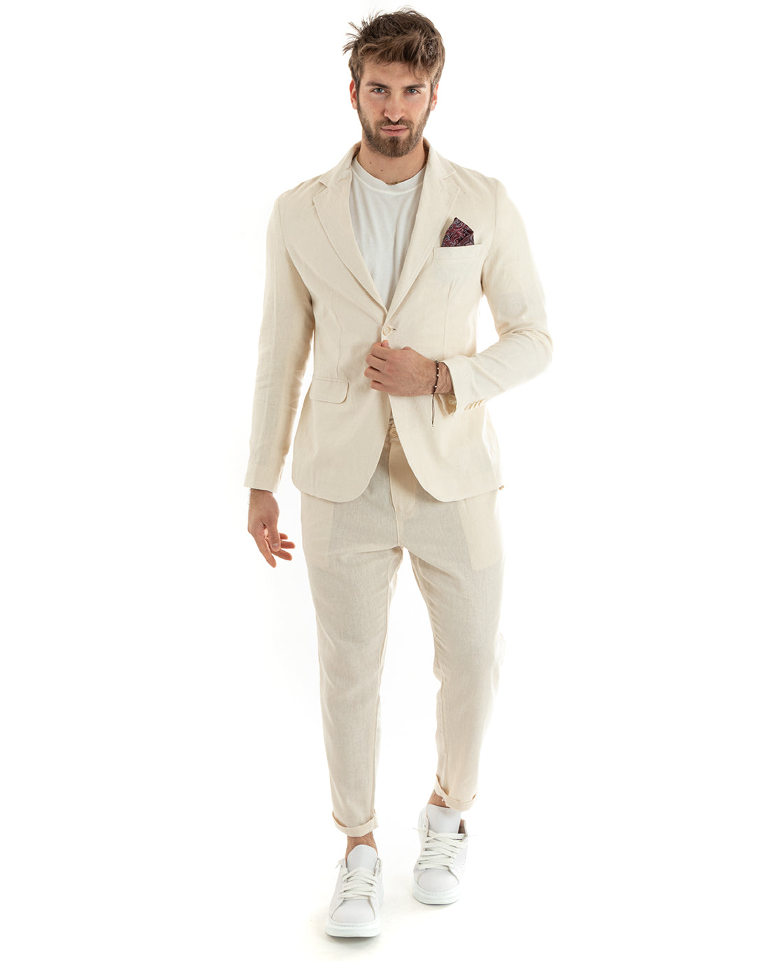 Single-Breasted Men's Suit Tailored Linen Suit Jacket Trousers Solid Color Beige GIOSAL-OU2322A