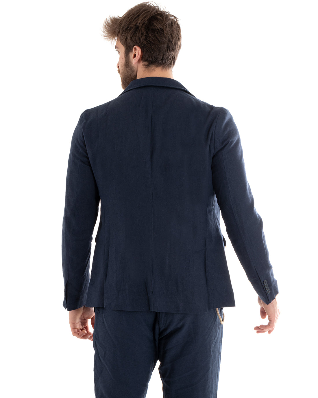 Single-breasted men's suit, tailored linen suit, jacket, trousers, plain blue GIOSAL-OU2324A