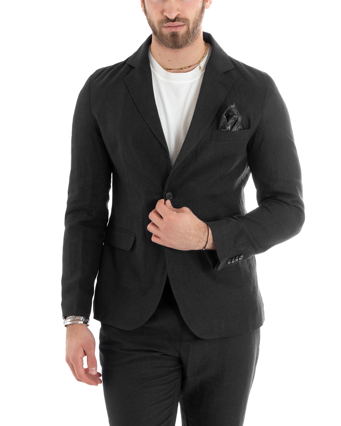 Single-breasted men's suit, tailored linen suit, jacket, trousers, solid color, black GIOSAL-OU2325A