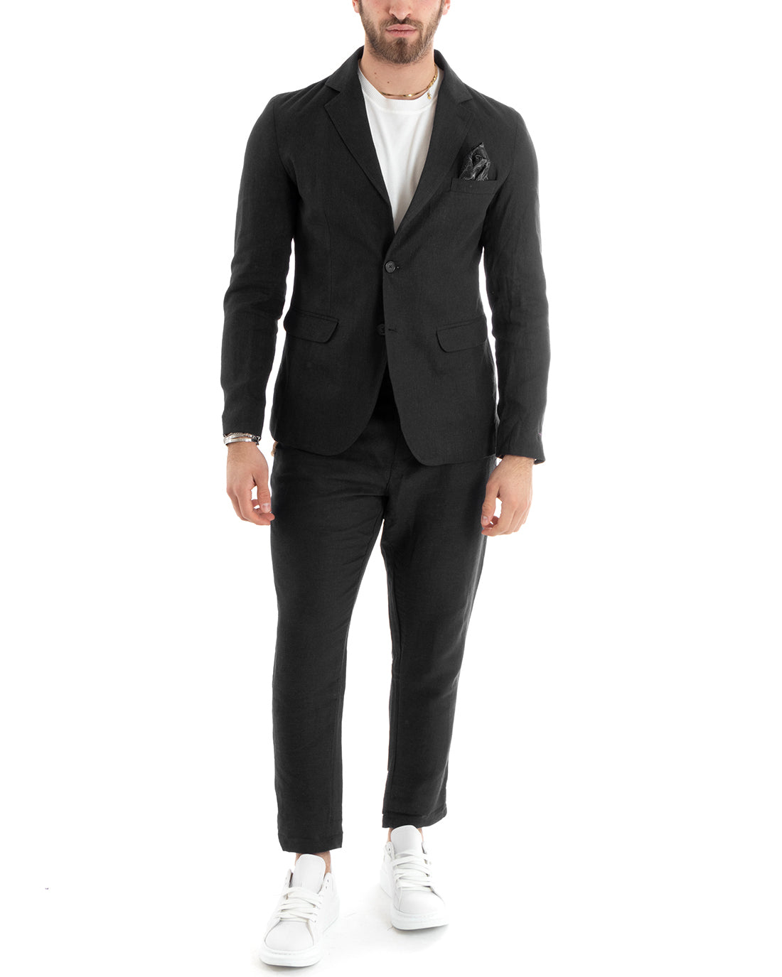Single-breasted men's suit, tailored linen suit, jacket, trousers, solid color, black GIOSAL-OU2325A