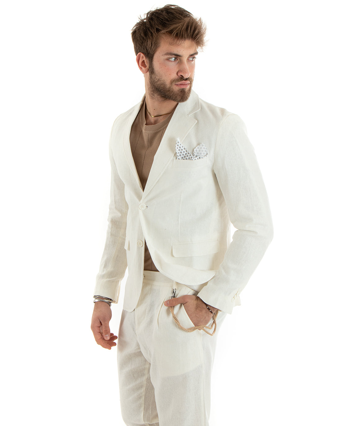 Single-breasted men's suit, tailored linen suit, jacket and trousers, plain cream GIOSAL-OU2326A