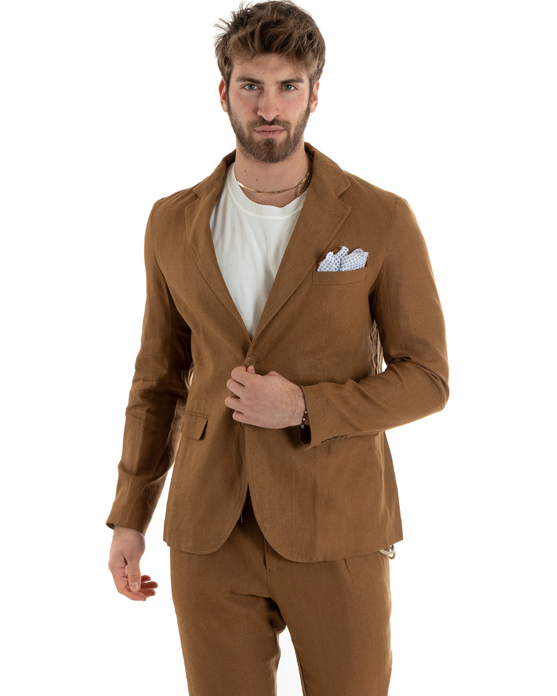 Single-breasted men's suit, tailored linen suit, jacket and trousers in solid color Camel GIOSAL-OU2327A