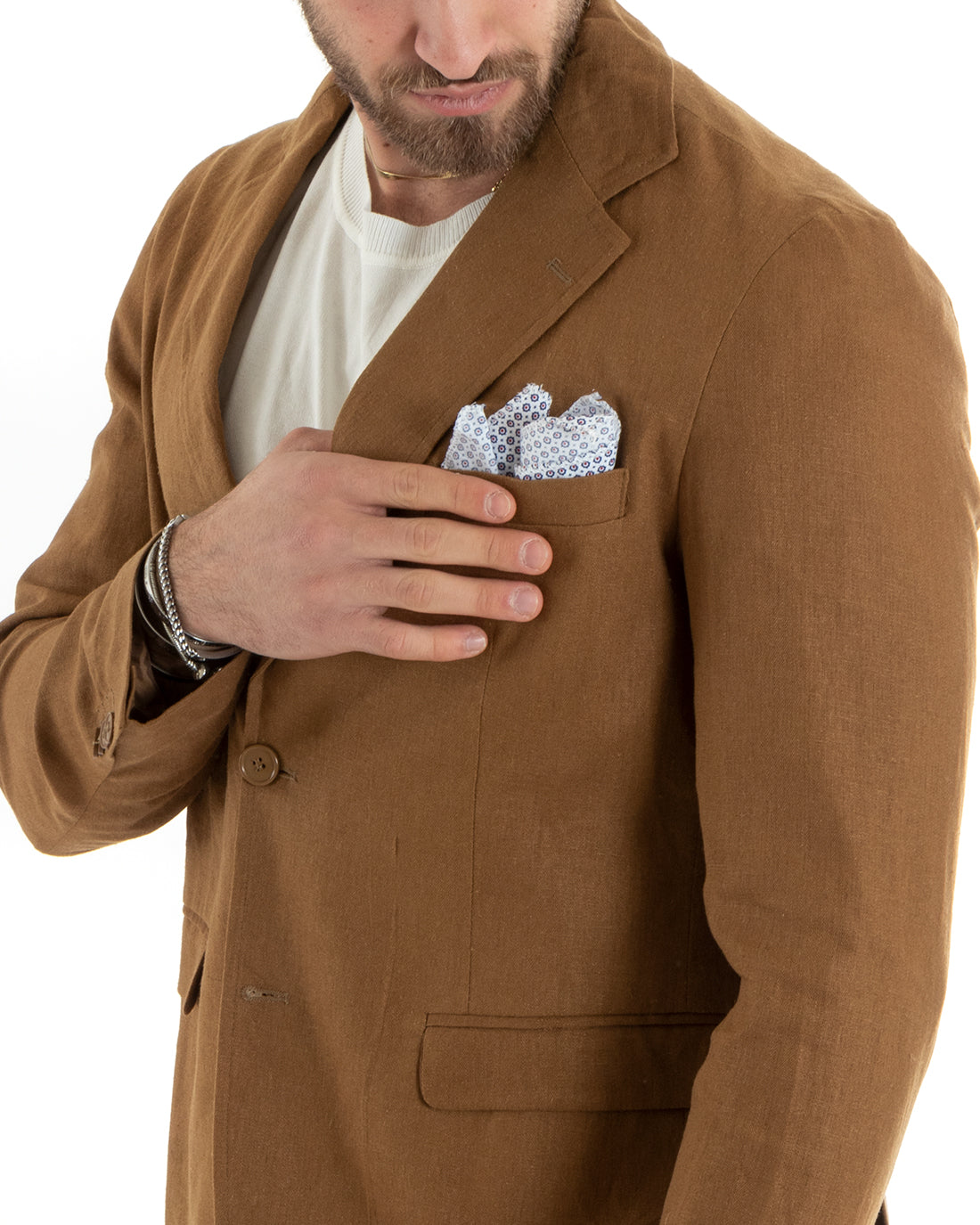 Single-breasted men's suit, tailored linen suit, jacket and trousers in solid color Camel GIOSAL-OU2327A