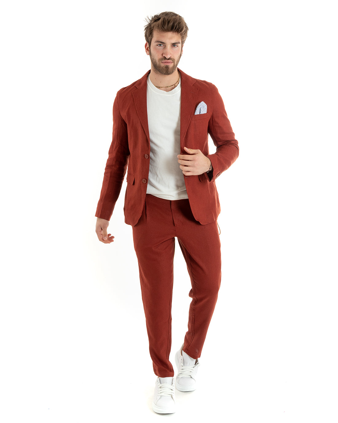 Single-breasted men's suit, tailored linen suit, jacket, trousers, solid color, brick GIOSAL-OU2328A
