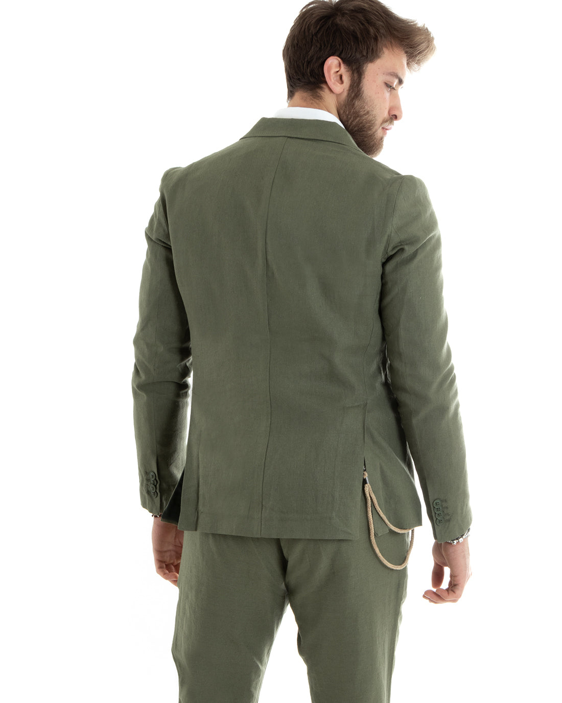 Double-breasted men's suit, tailored linen suit, jacket, trousers, solid color, green GIOSAL-OU2330A