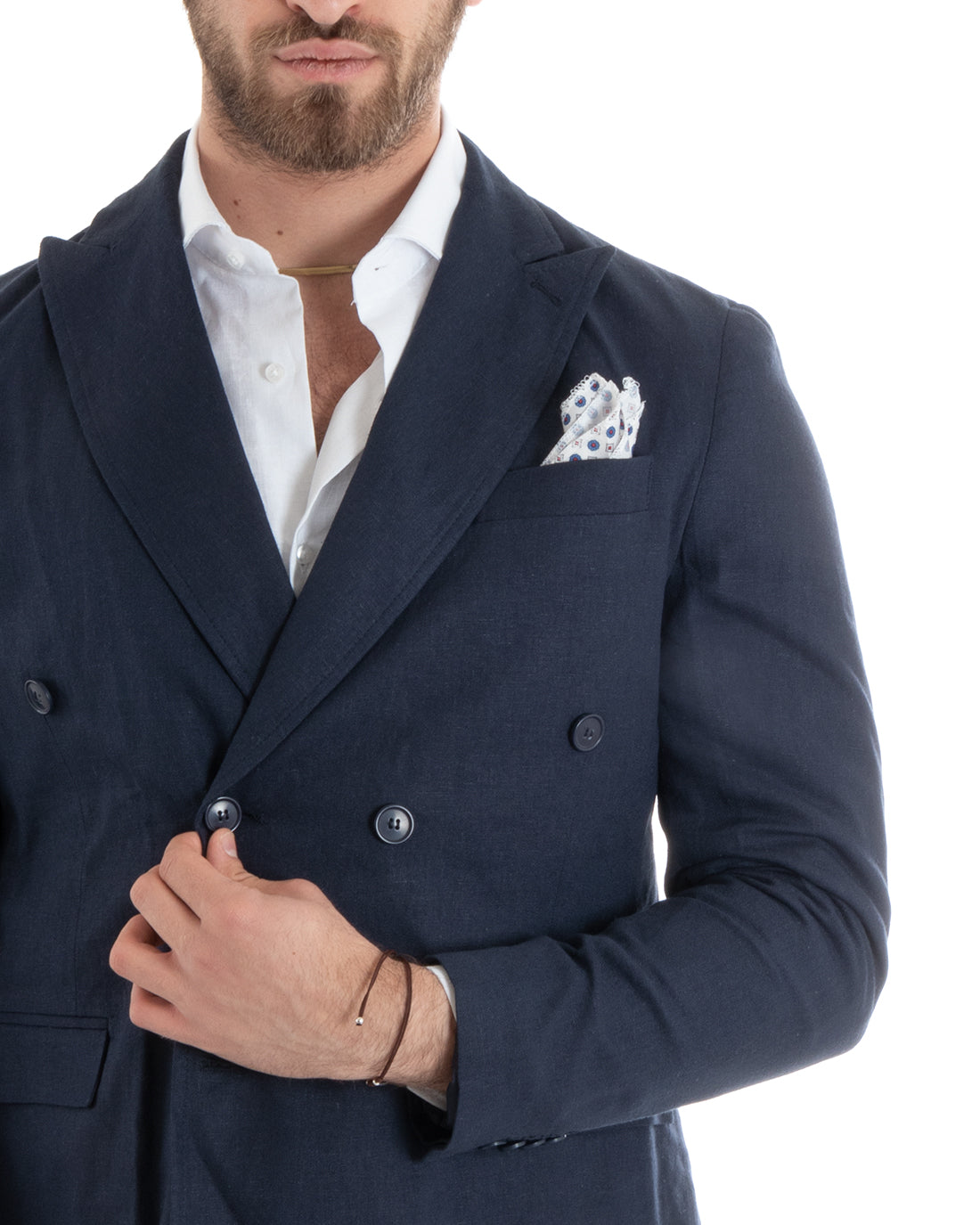 Double-breasted men's suit, tailored linen suit, jacket, trousers, plain blue GIOSAL-OU2331A