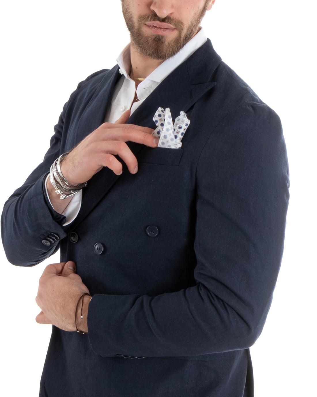 Double-breasted men's suit, tailored linen suit, jacket, trousers, plain blue GIOSAL-OU2331A