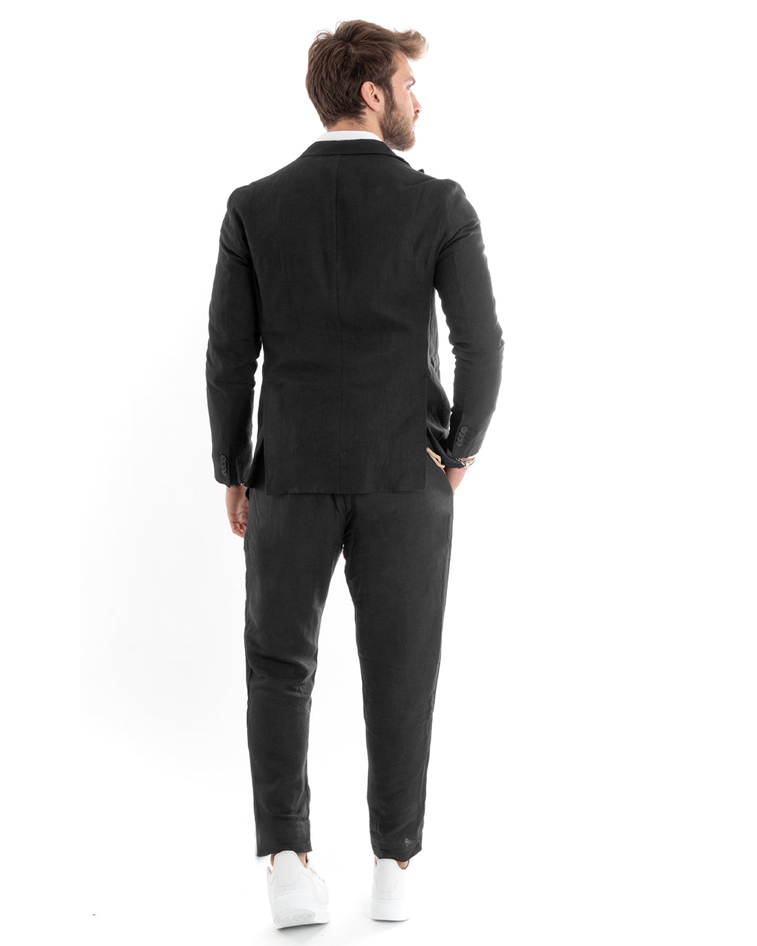 Double-breasted men's suit, tailored linen suit, jacket and trousers, plain black GIOSAL-OU2332A