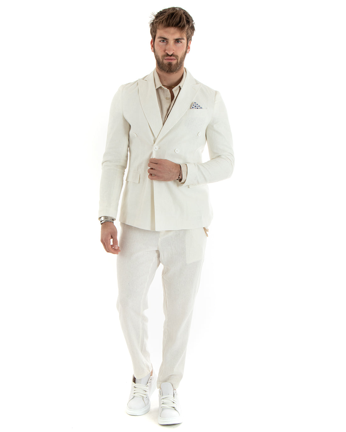 Double-Breasted Men's Suit Tailored Linen Suit Jacket Trousers Solid Color Cream GIOSAL-OU2333A