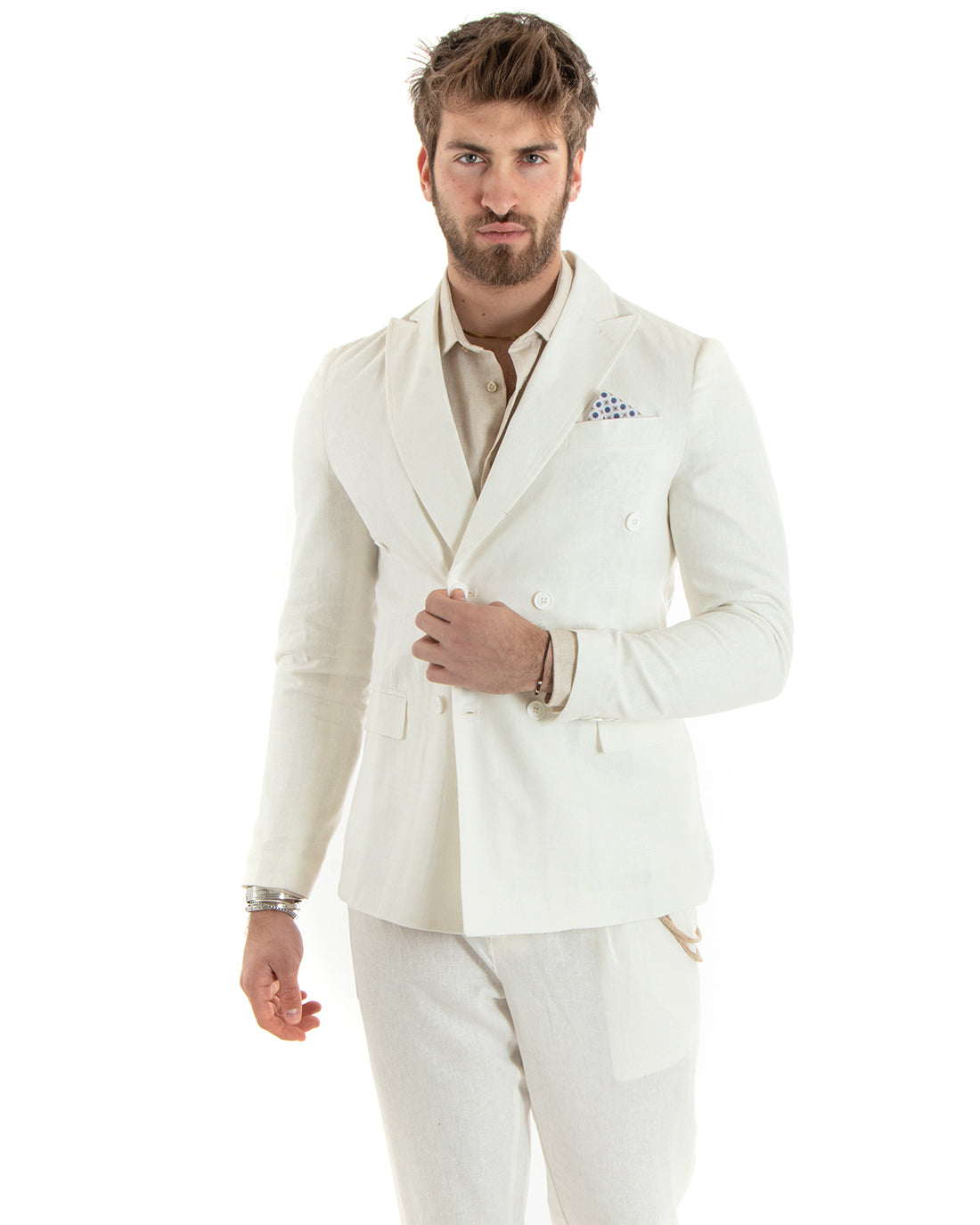 Double-Breasted Men's Suit Tailored Linen Suit Jacket Trousers Solid Color Cream GIOSAL-OU2333A