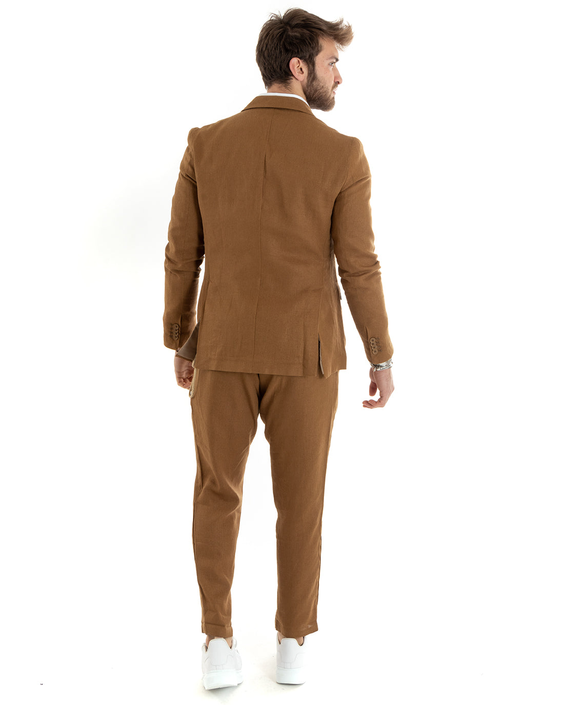 Double-breasted men's suit, tailored linen suit, jacket and trousers in solid color Camel GIOSAL-OU2334A