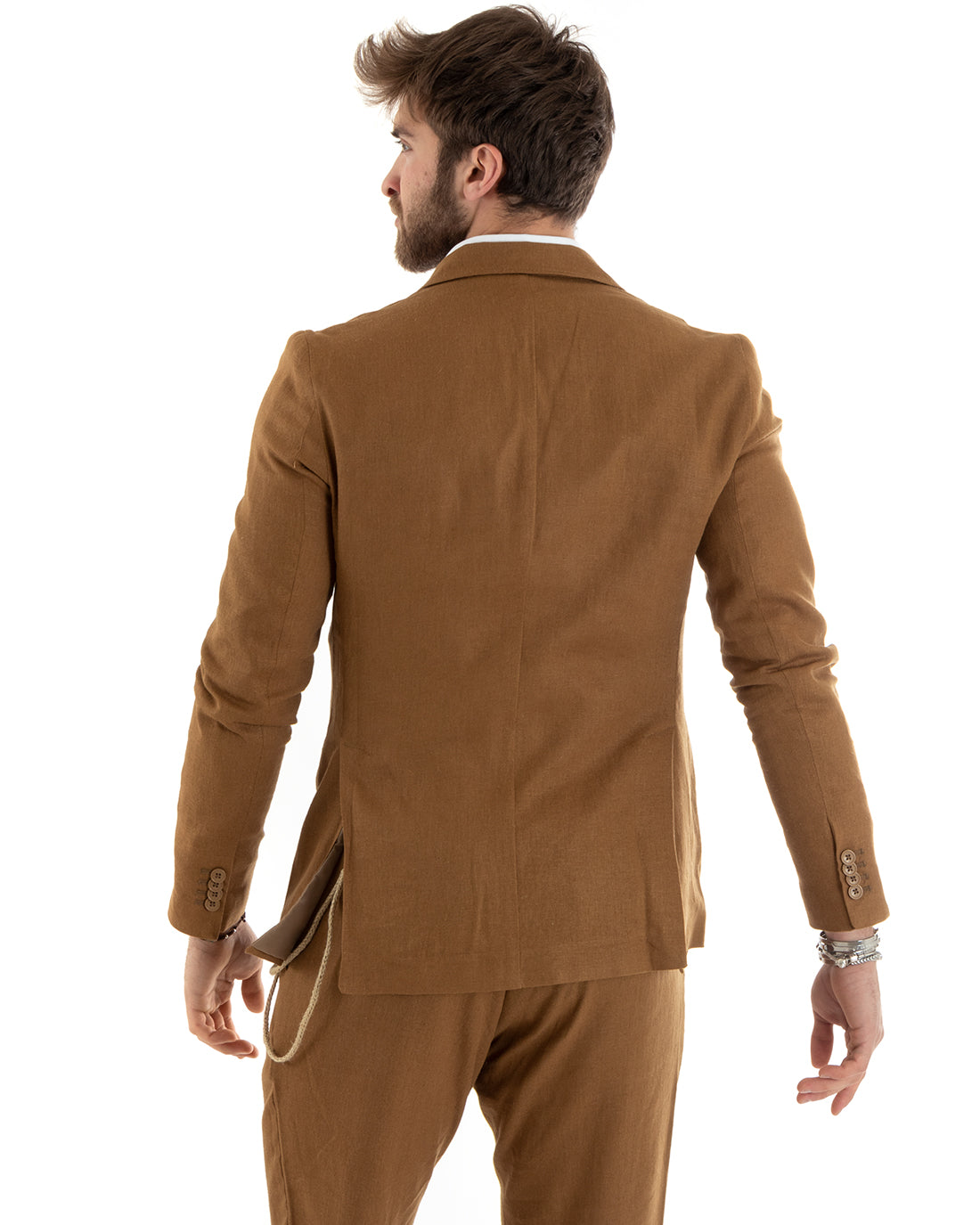 Double-breasted men's suit, tailored linen suit, jacket and trousers in solid color Camel GIOSAL-OU2334A