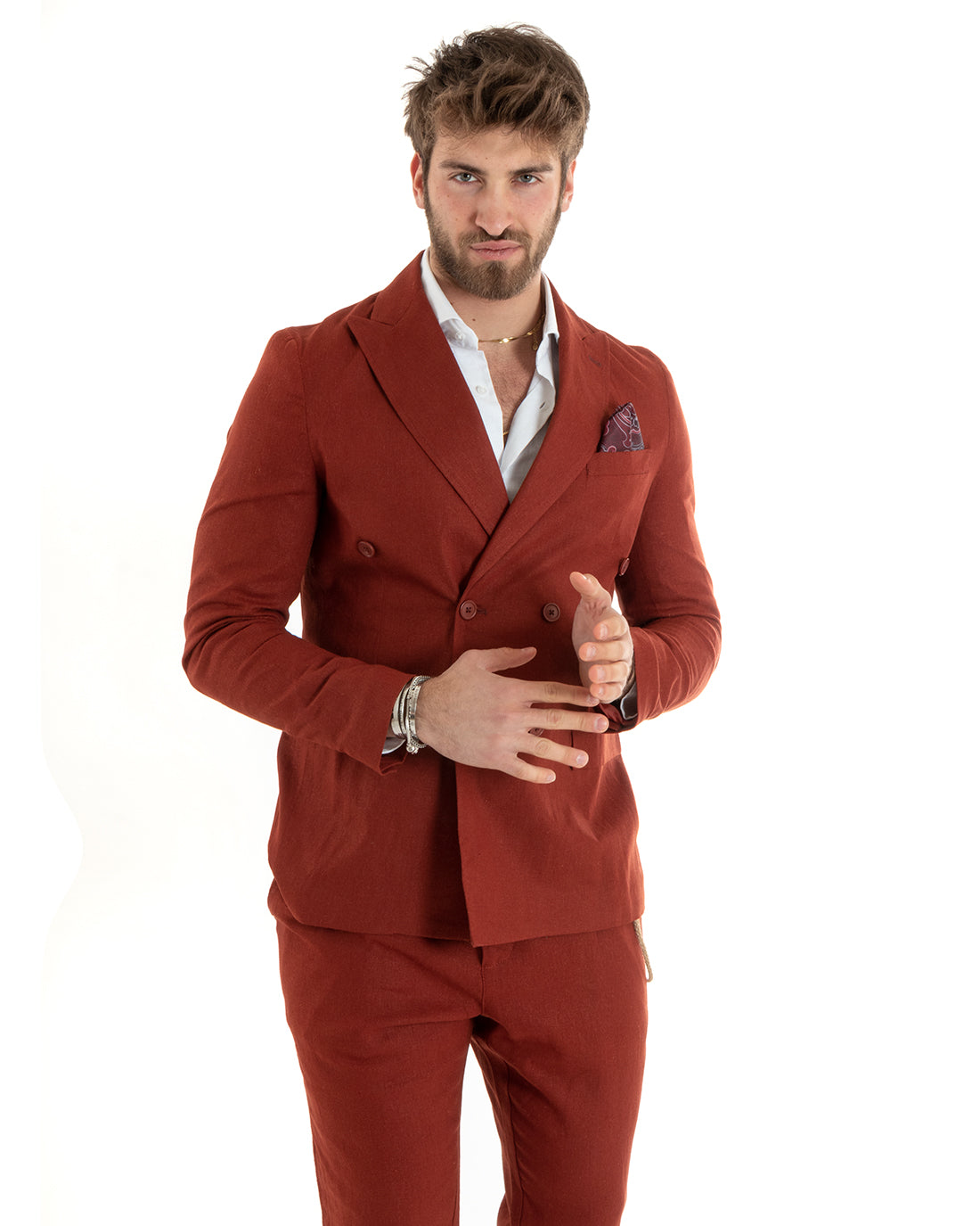 Double-breasted men's suit, tailored linen suit, jacket, trousers, solid color, brick GIOSAL-OU2335A
